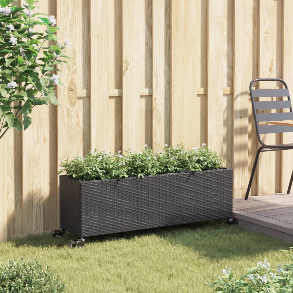 Hochbeet mit Rollen & 3 Fächern Schwarz 107x32x38cm Poly Rattan