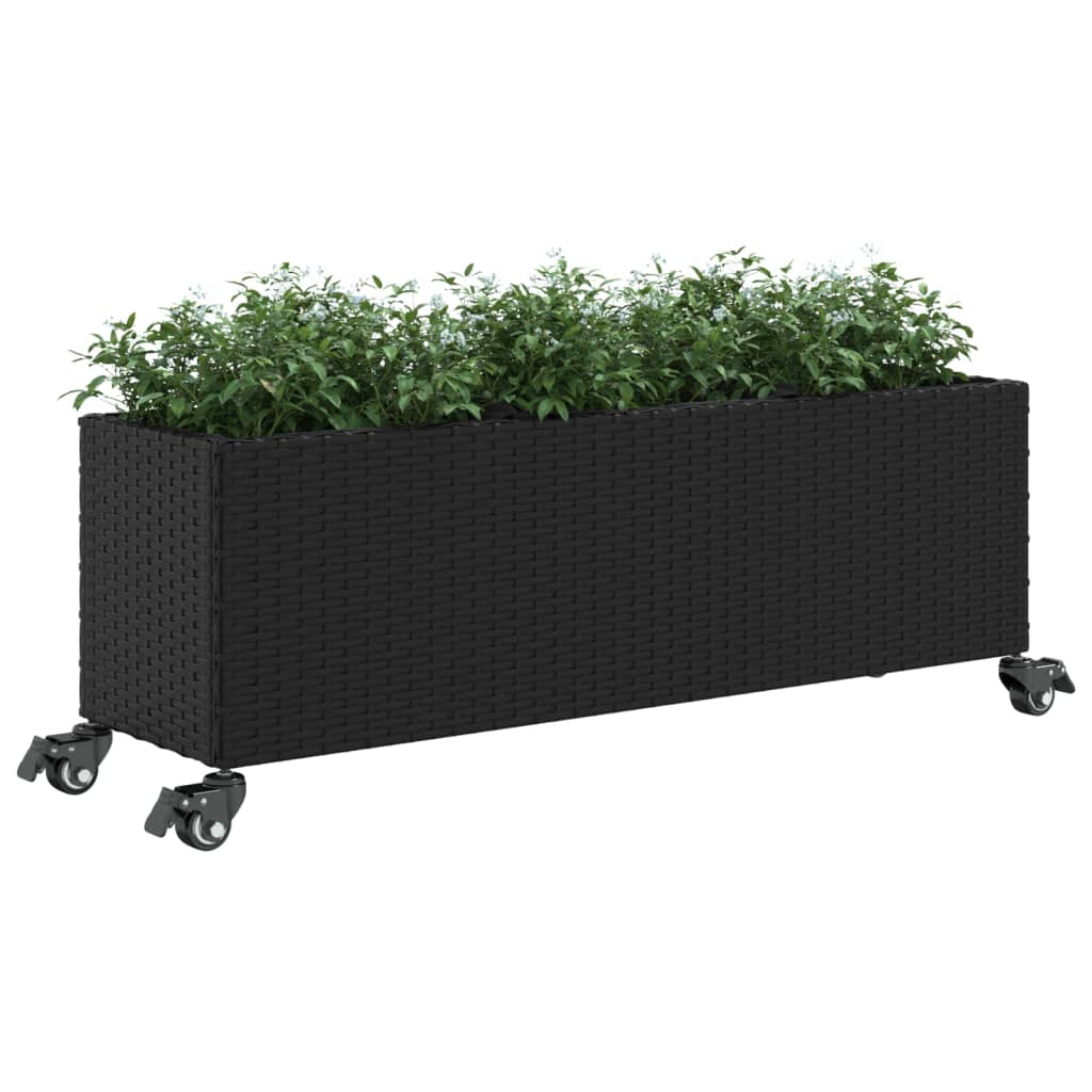 Hochbeet mit Rollen & 3 Fächern Schwarz 107x32x38cm Poly Rattan