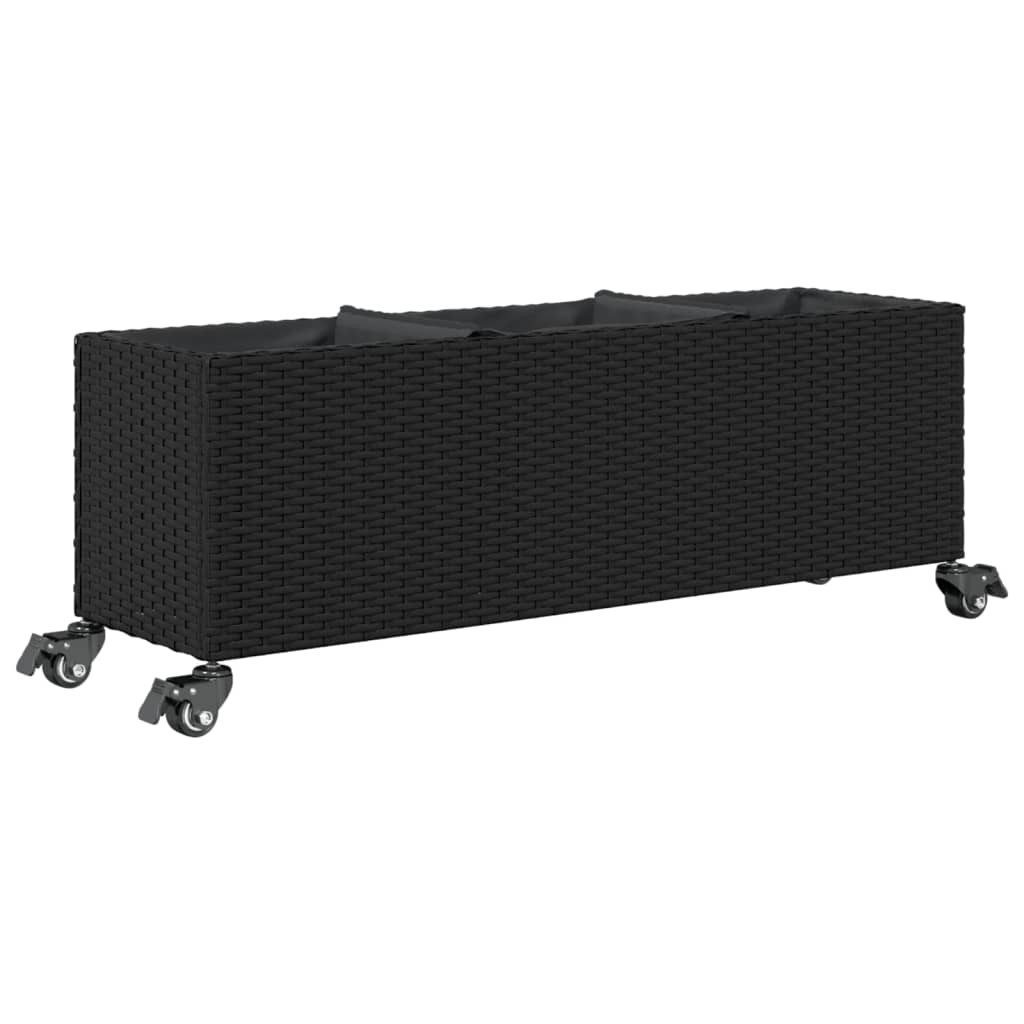 Hochbeet mit Rollen & 3 Fächern Schwarz 107x32x38cm Poly Rattan