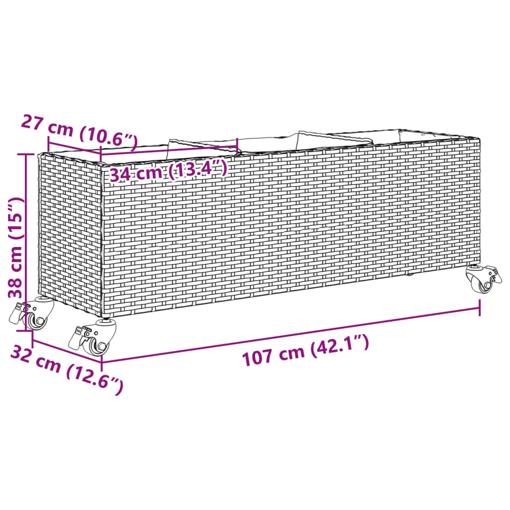 Hochbeet mit Rollen & 3 Fächern Schwarz 107x32x38cm Poly Rattan