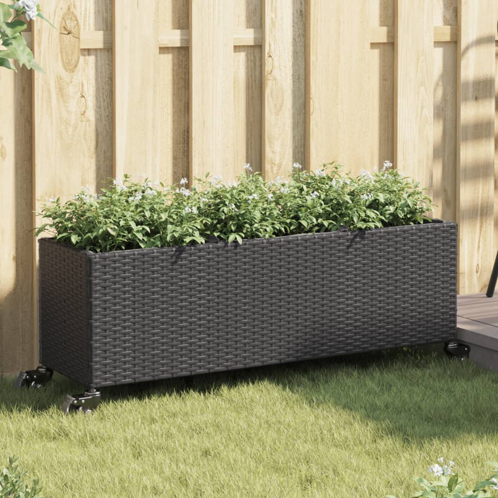 Hochbeet mit Rollen & 3 Fächern Schwarz 107x32x38cm Poly Rattan