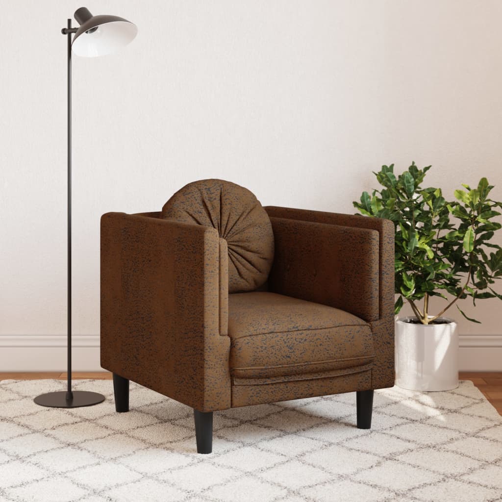 Fauteuil avec coussin simili cuir marron aspect daim