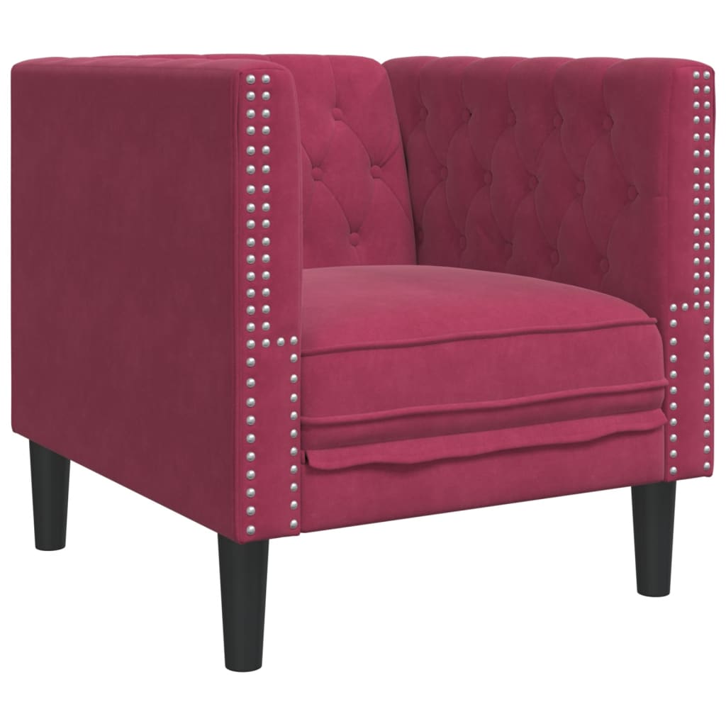 Fauteuil Chesterfield velours rouge vin