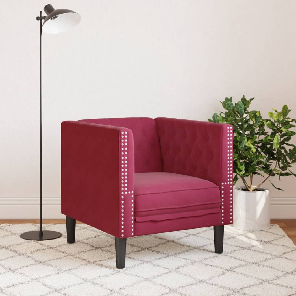 Fauteuil Chesterfield velours rouge vin