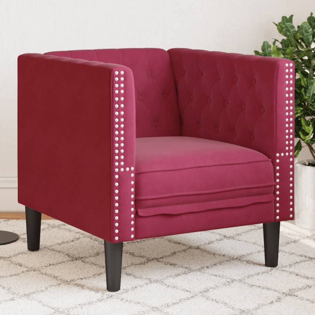 Fauteuil Chesterfield velours rouge vin