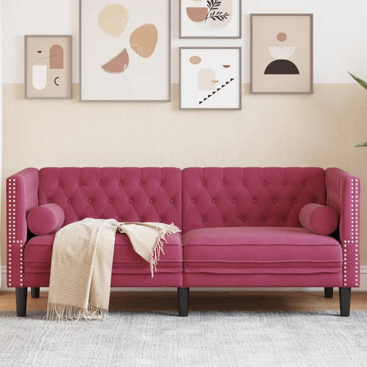 Canapé Chesterfield avec traversins 2 places velours bordeaux