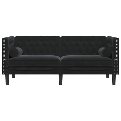 Chesterfield-Sofa mit Nackenrollen 2-Sitzer Schwarz Samt