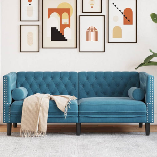Canapé Chesterfield avec traversins 2 places en velours bleu