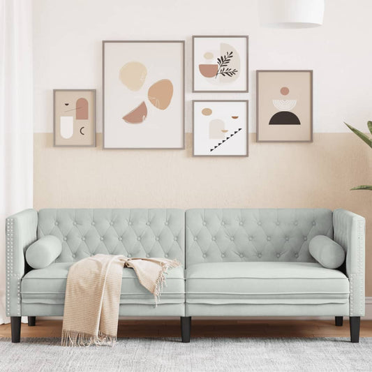 Canapé Chesterfield avec traversins 3 places velours gris clair