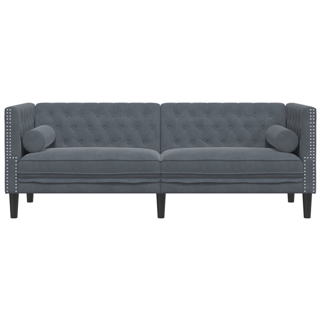 Canapé Chesterfield 3 places avec traversins velours gris foncé