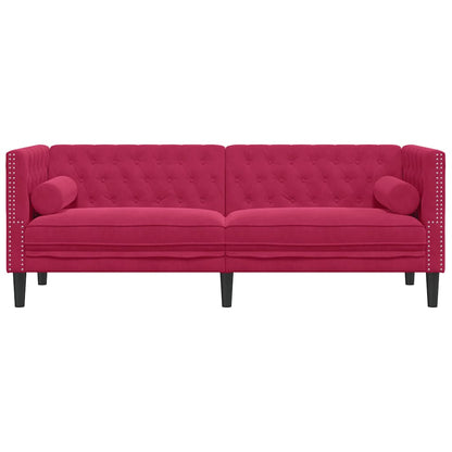 Chesterfield-Sofa mit Nackenrollen 3-Sitzer Weinrot Samt