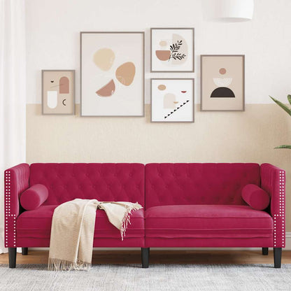 Chesterfield-Sofa mit Nackenrollen 3-Sitzer Weinrot Samt