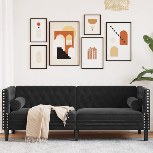 Canapé Chesterfield avec traversins 3 places en velours noir