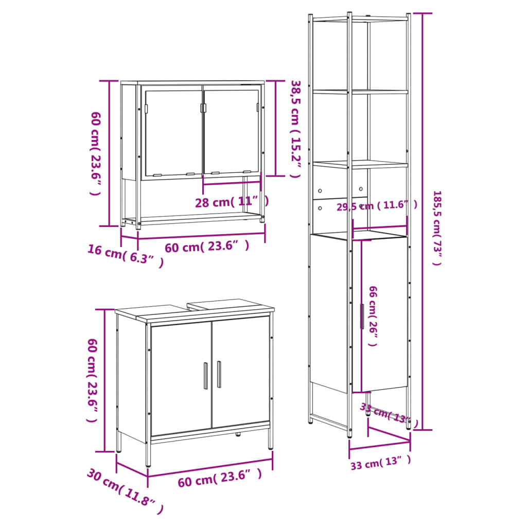 3-tlg. Badmöbel-Set Räuchereiche Holzwerkstoff
