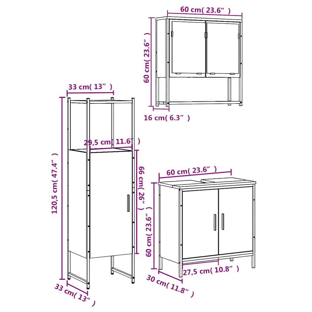 3-tlg. Badmöbel-Set Räuchereiche Holzwerkstoff