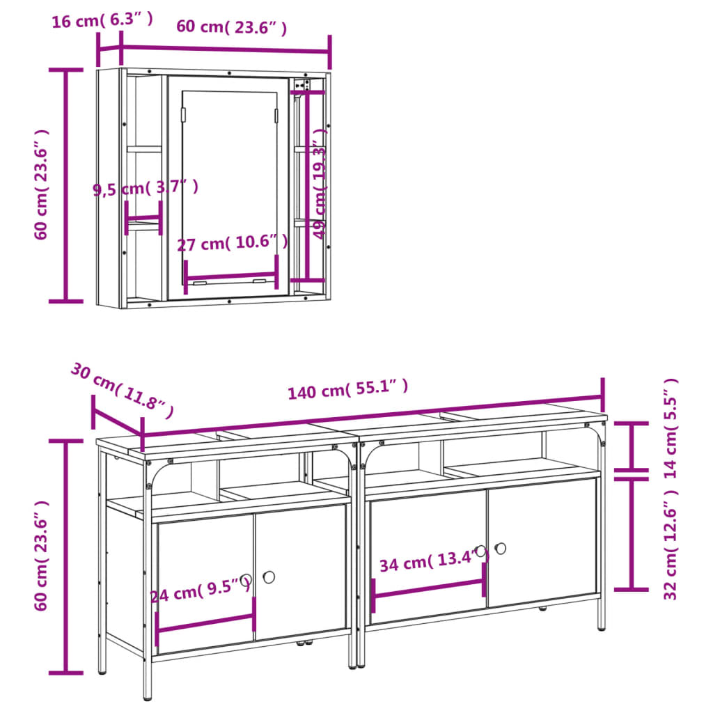3-tlg. Badmöbel-Set Räuchereiche Holzwerkstoff