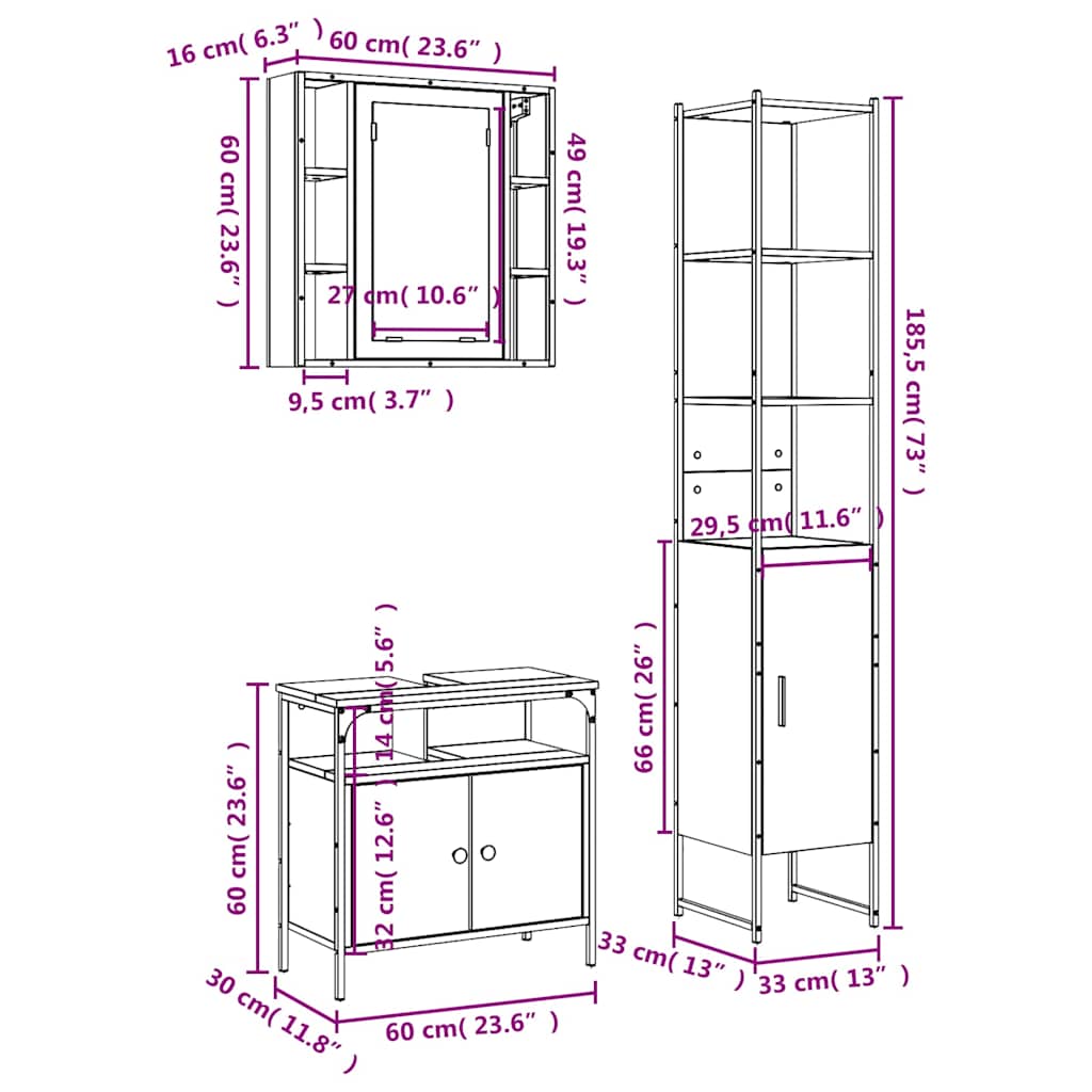 3-tlg. Badmöbel-Set Räuchereiche Holzwerkstoff