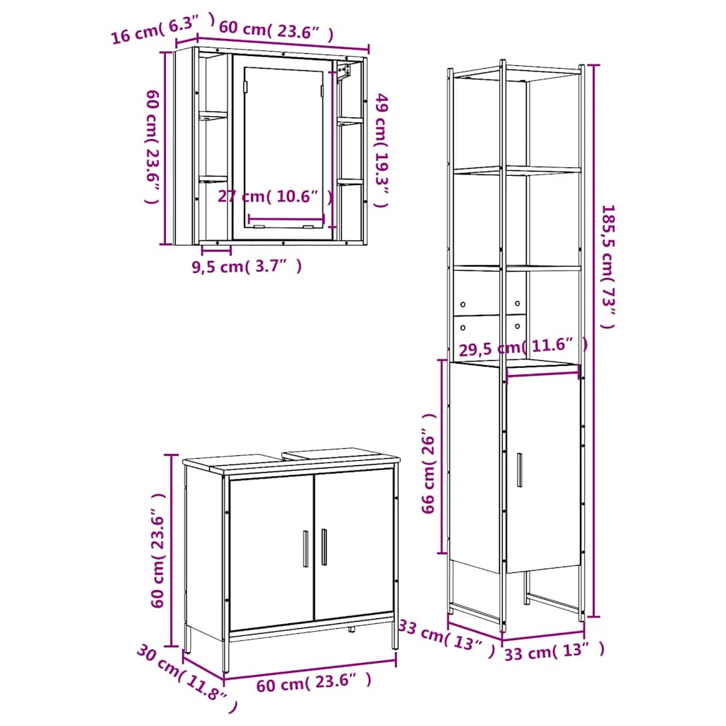3-tlg. Badmöbel-Set Räuchereiche Holzwerkstoff