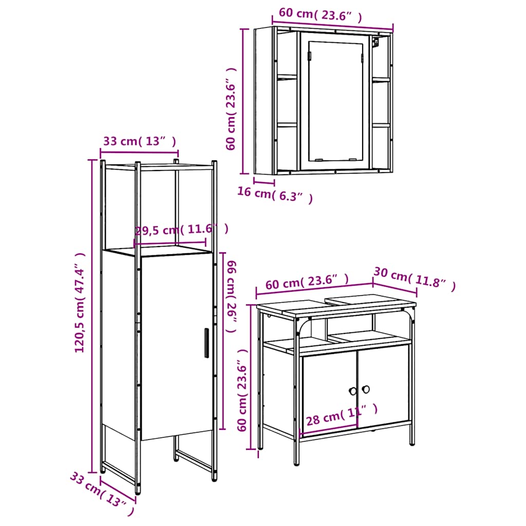 3-tlg. Badmöbel-Set Räuchereiche Holzwerkstoff