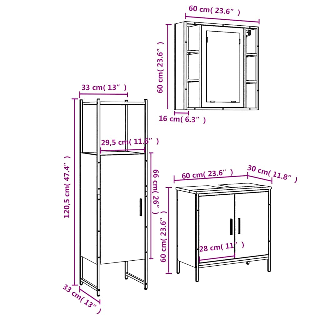 3-tlg. Badmöbel-Set Räuchereiche Holzwerkstoff