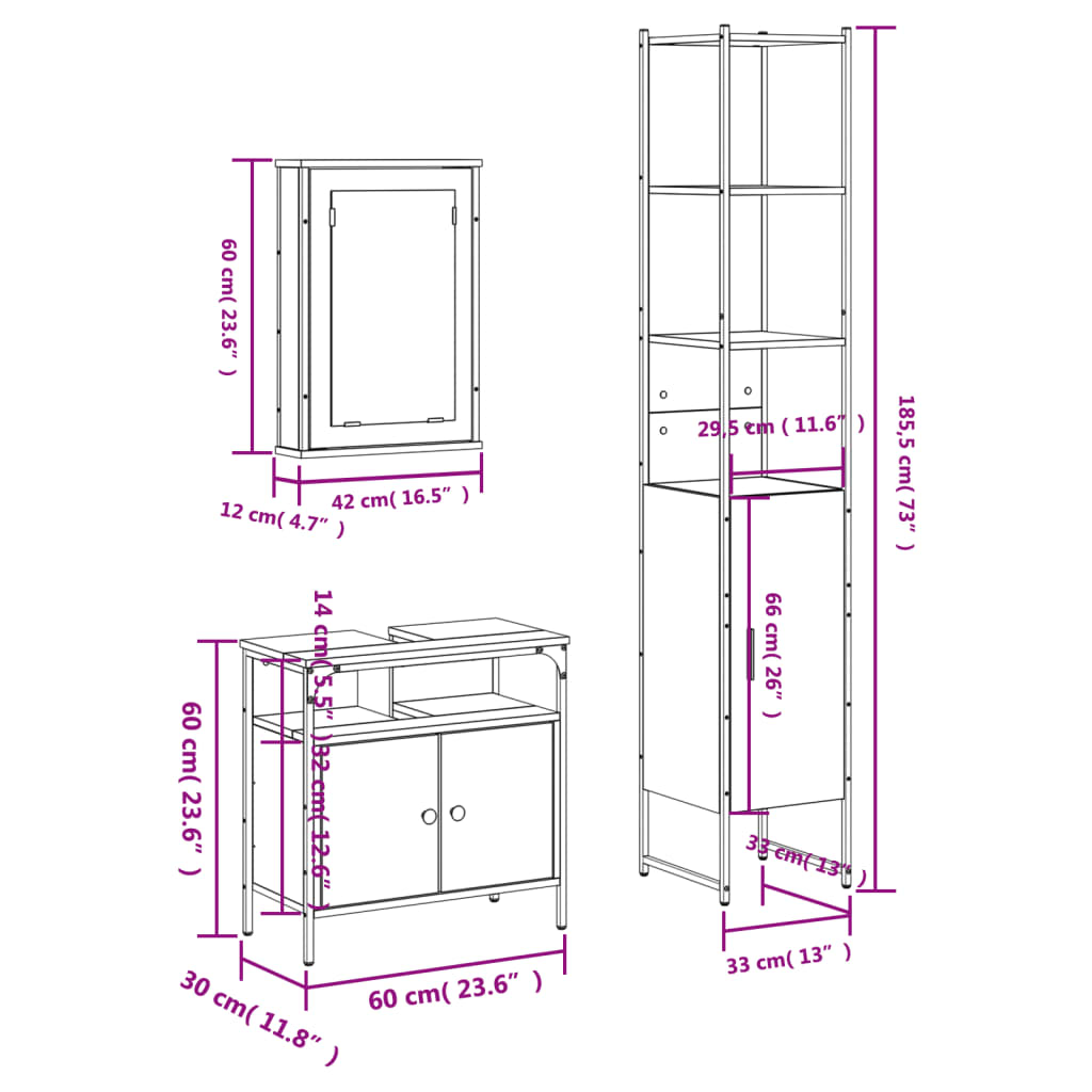 3-tlg. Badmöbel-Set Räuchereiche Holzwerkstoff
