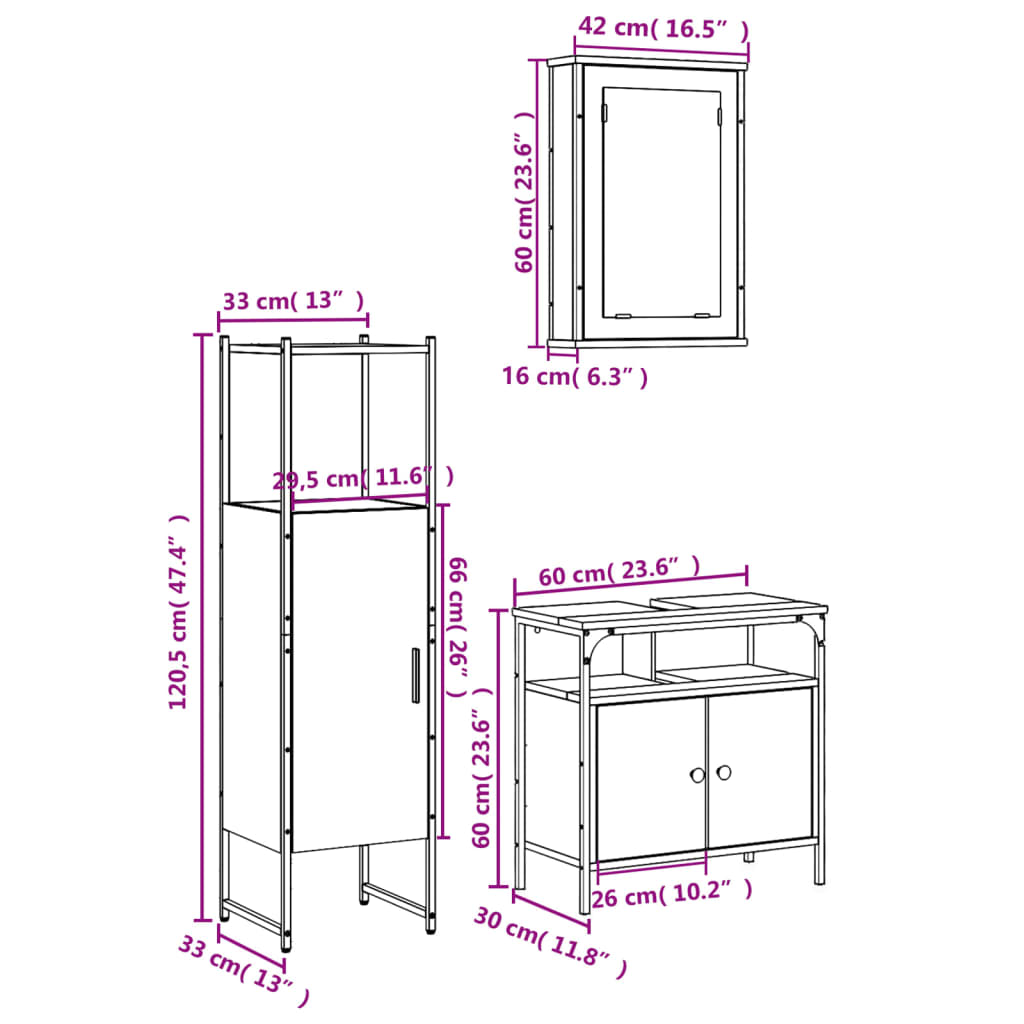 3-tlg. Badmöbel-Set Räuchereiche Holzwerkstoff