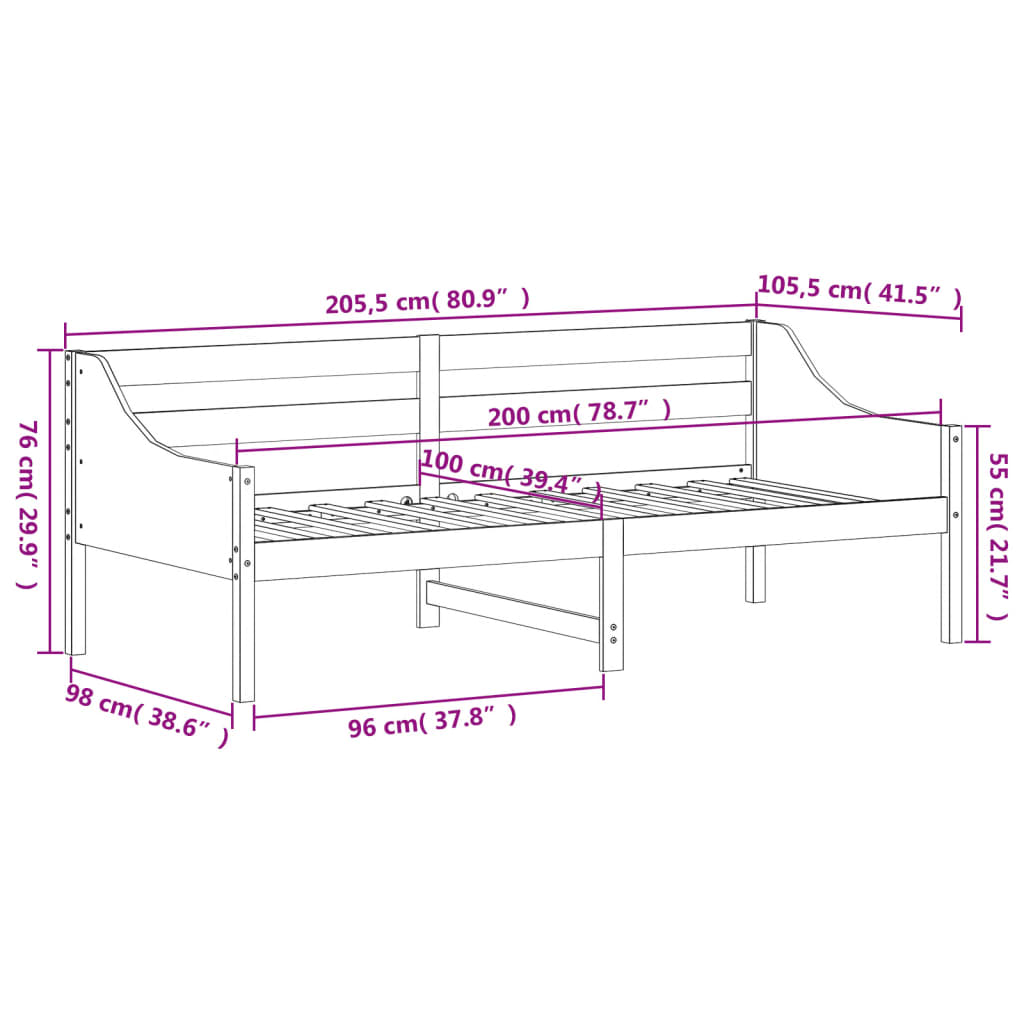 Lit de repos blanc 100x200 cm en bois de pin massif