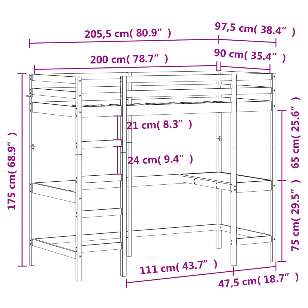 Hochbett mit Schreibtisch Wachsbraun 90x200cm Massivholz Kiefer