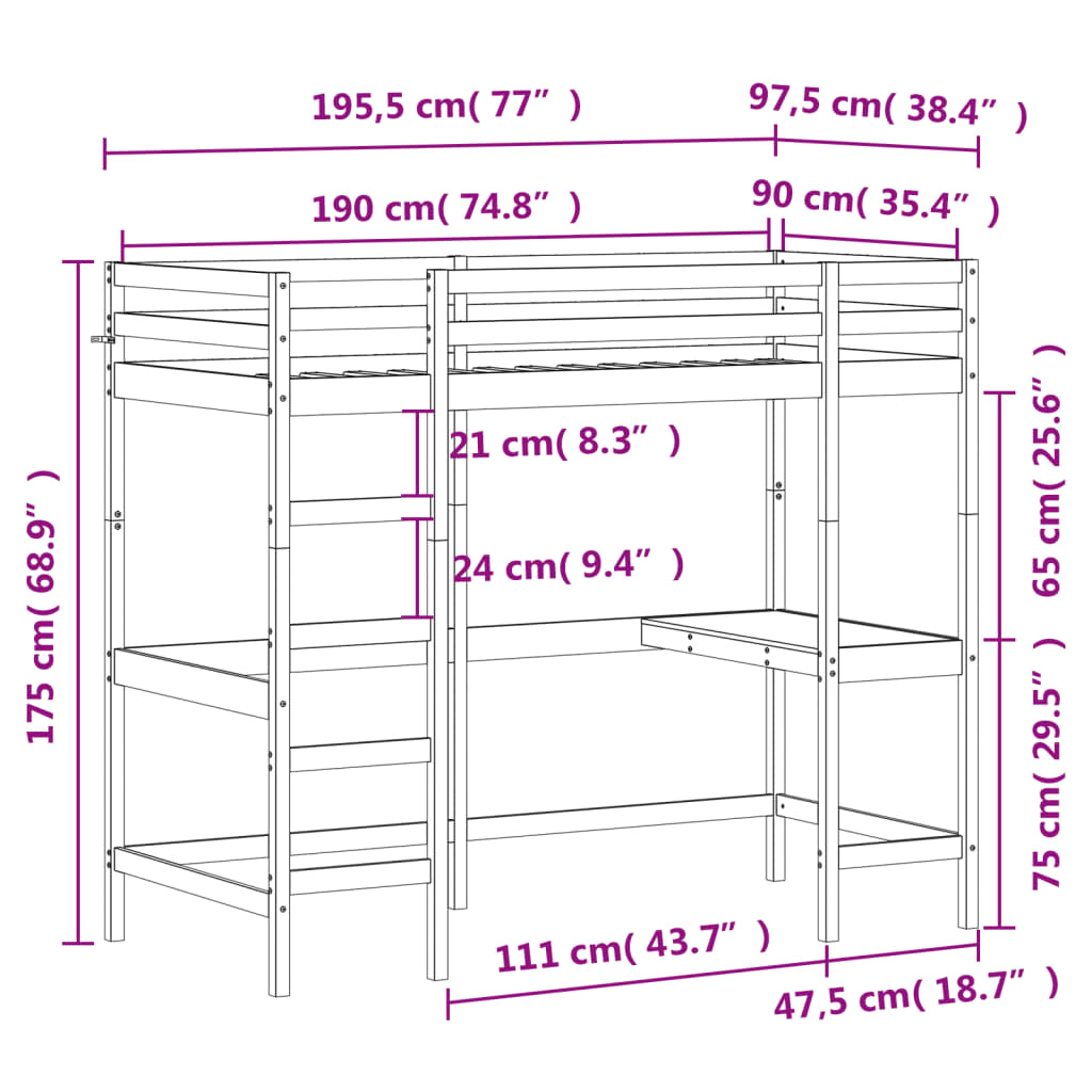 Hochbett mit Schreibtisch Wachsbraun 90x190cm Massivholz Kiefer