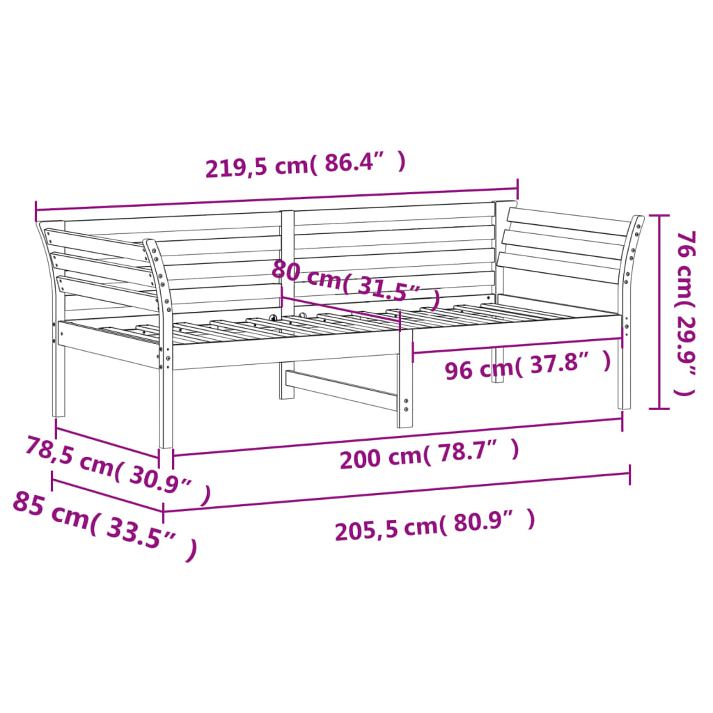 Lit de repos sans matelas blanc 80x200 cm en pin massif