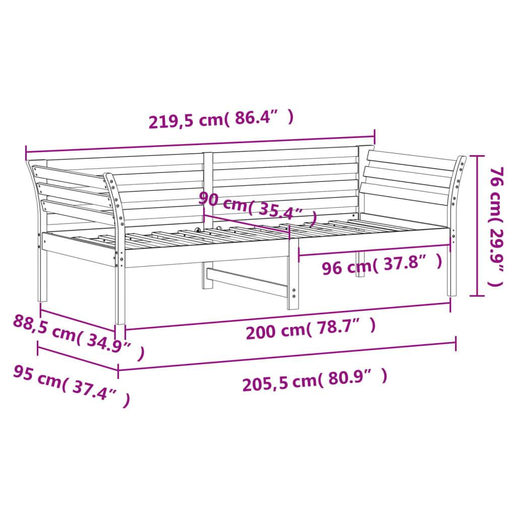 Lit de repos sans matelas blanc 90x200 cm en bois de pin massif