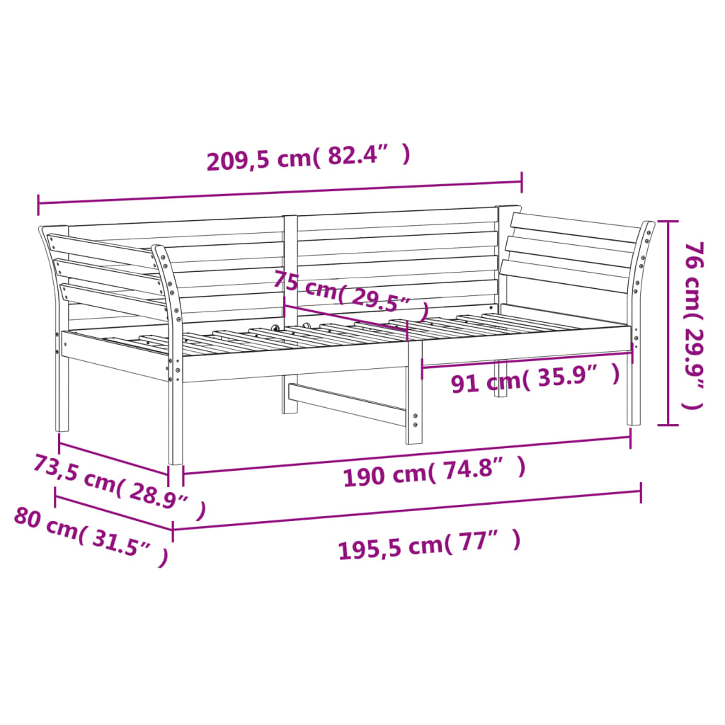 Lit de repos blanc 75x190 cm en bois de pin massif