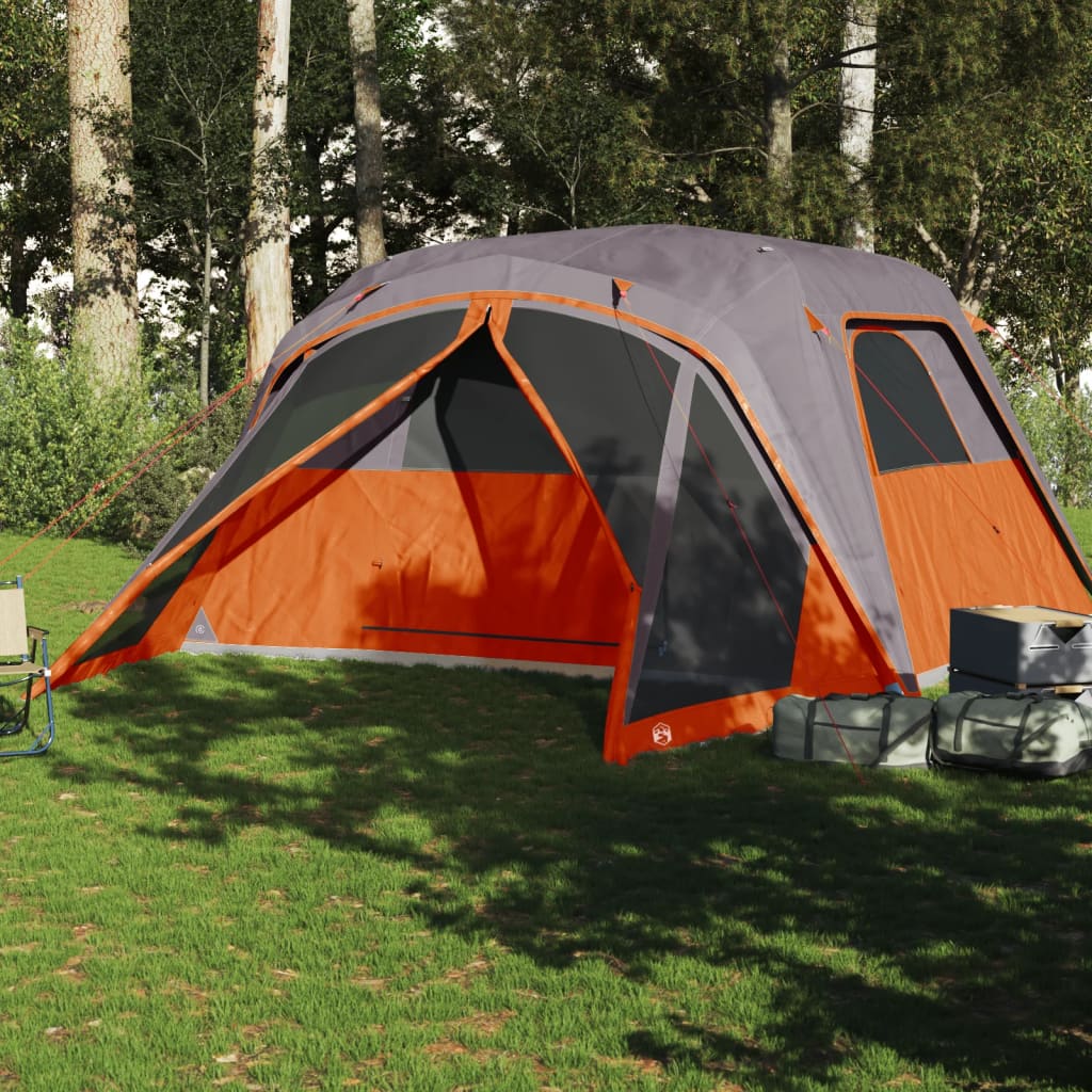 Tente familiale avec auvent 6 personnes gris et orange imperméable