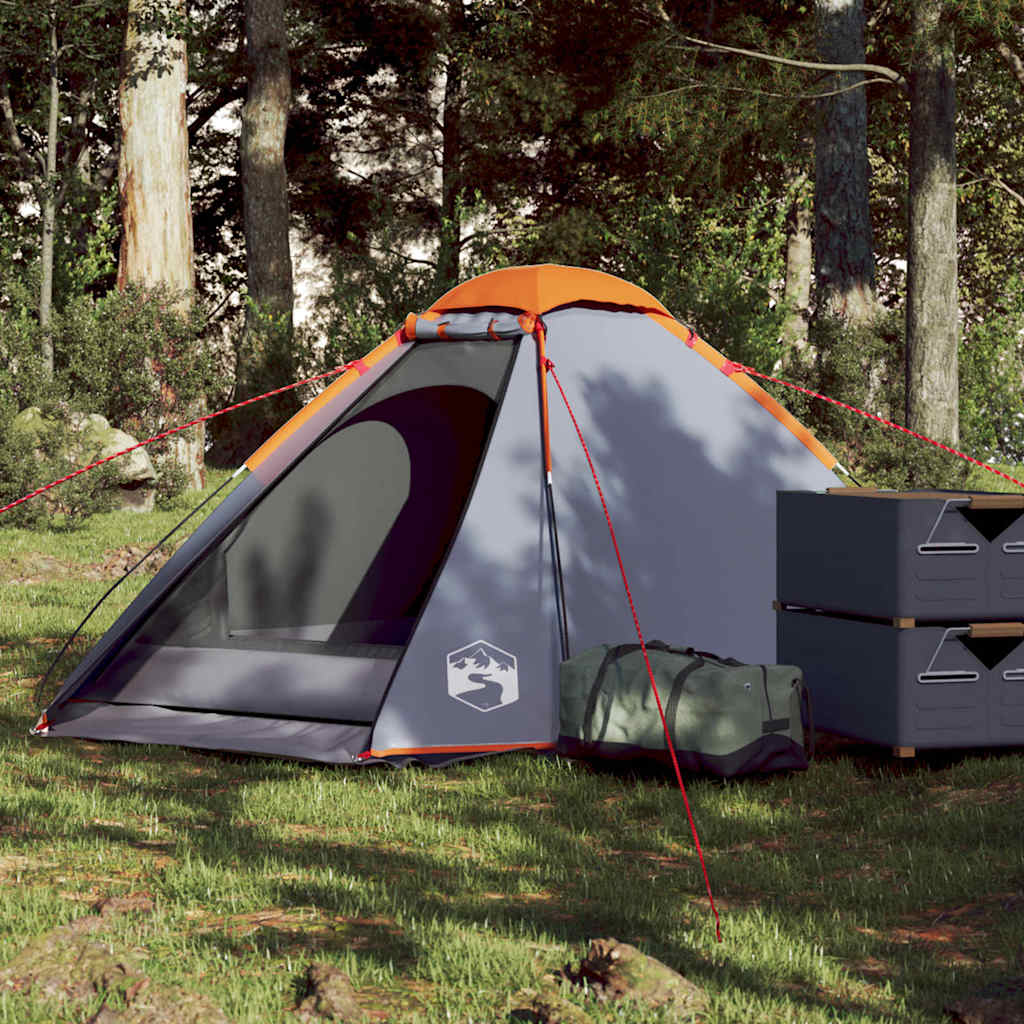 Tente de camping dôme 2 personnes gris et orange étanche