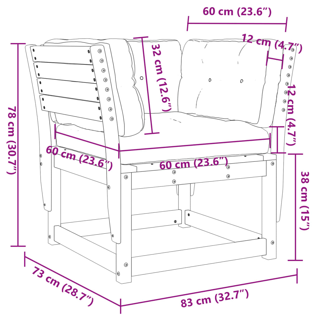 Canapé de jardin avec accoudoirs et coussins en bois de pin massif blanc