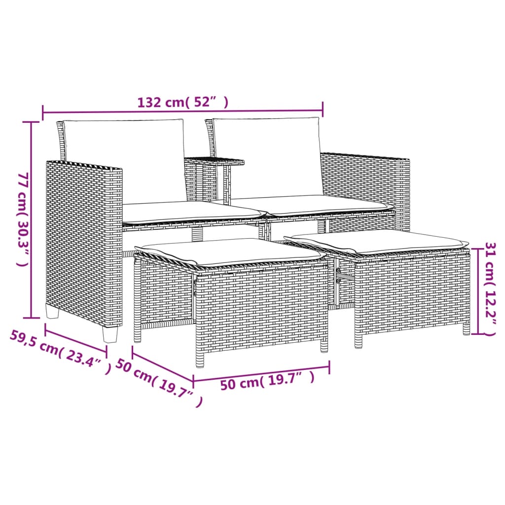 Gartensofa 2-Sitzer mit Tisch und Hockern Schwarz Poly Rattan