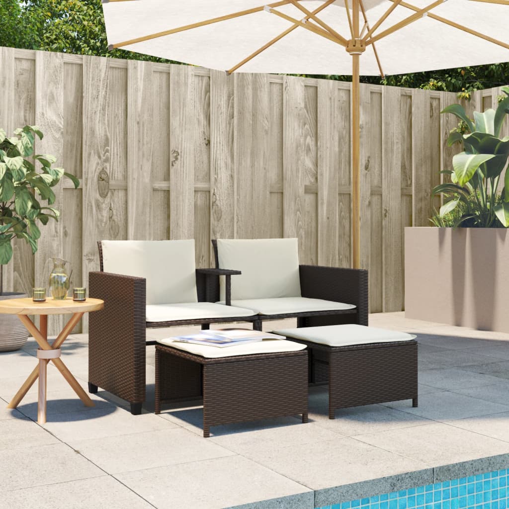 Gartensofa 2-Sitzer mit Tisch und Hockern Braun Poly Rattan