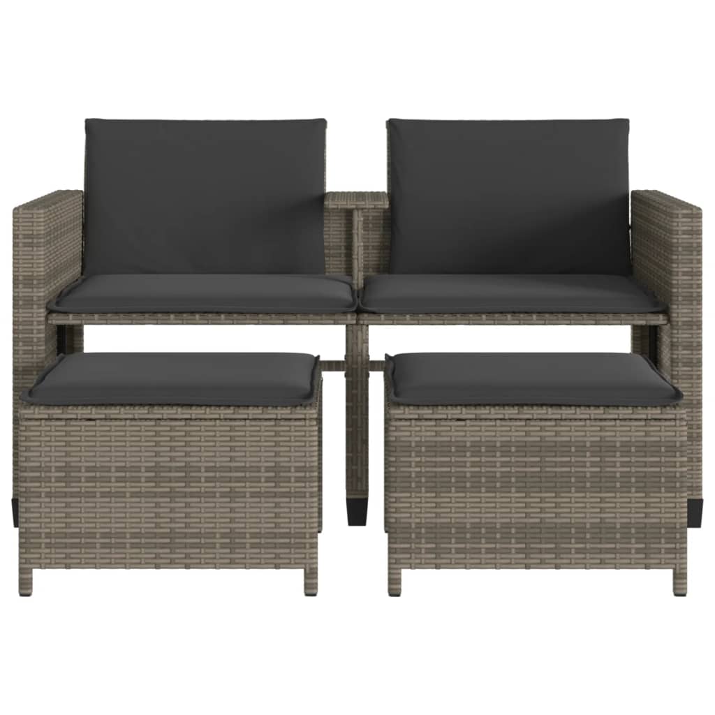 Gartensofa 2-Sitzer mit Tisch und Hockern Grau Poly Rattan