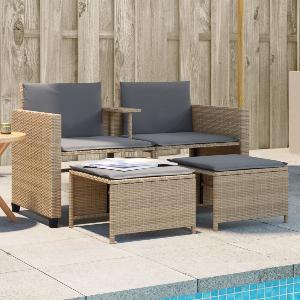 Gartensofa 2-Sitzer mit Tisch und Hockern Beige Poly Rattan