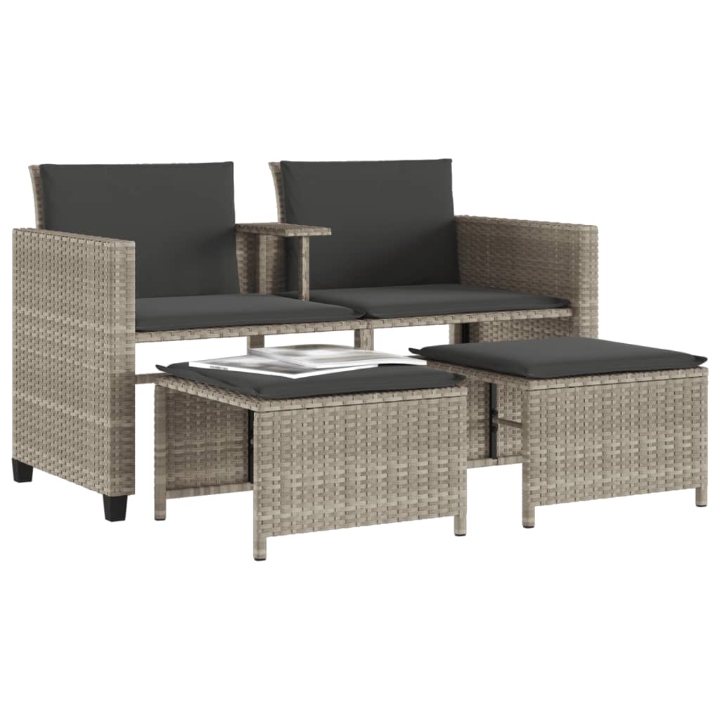 Gartensofa 2-Sitzer mit Tisch und Hockern Hellgrau Poly Rattan