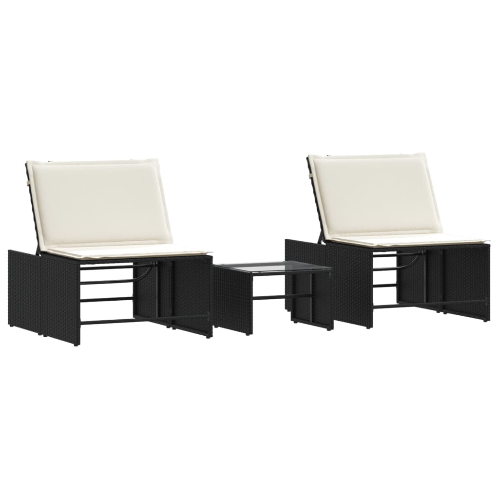 Chaises longues 2 pcs avec table en polyrotin noir