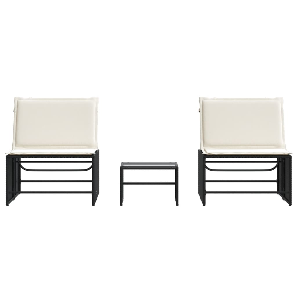 Chaises longues 2 pcs avec table en polyrotin noir