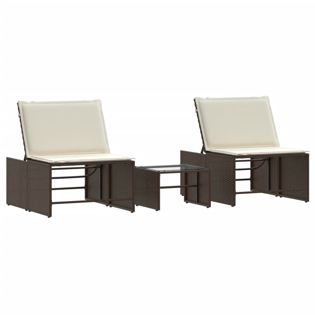 Chaises longues 2 pcs avec table en polyrotin marron