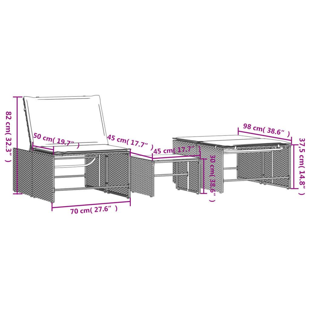 Sonnenliegen 2 Stk. mit Tisch Braun Poly Rattan