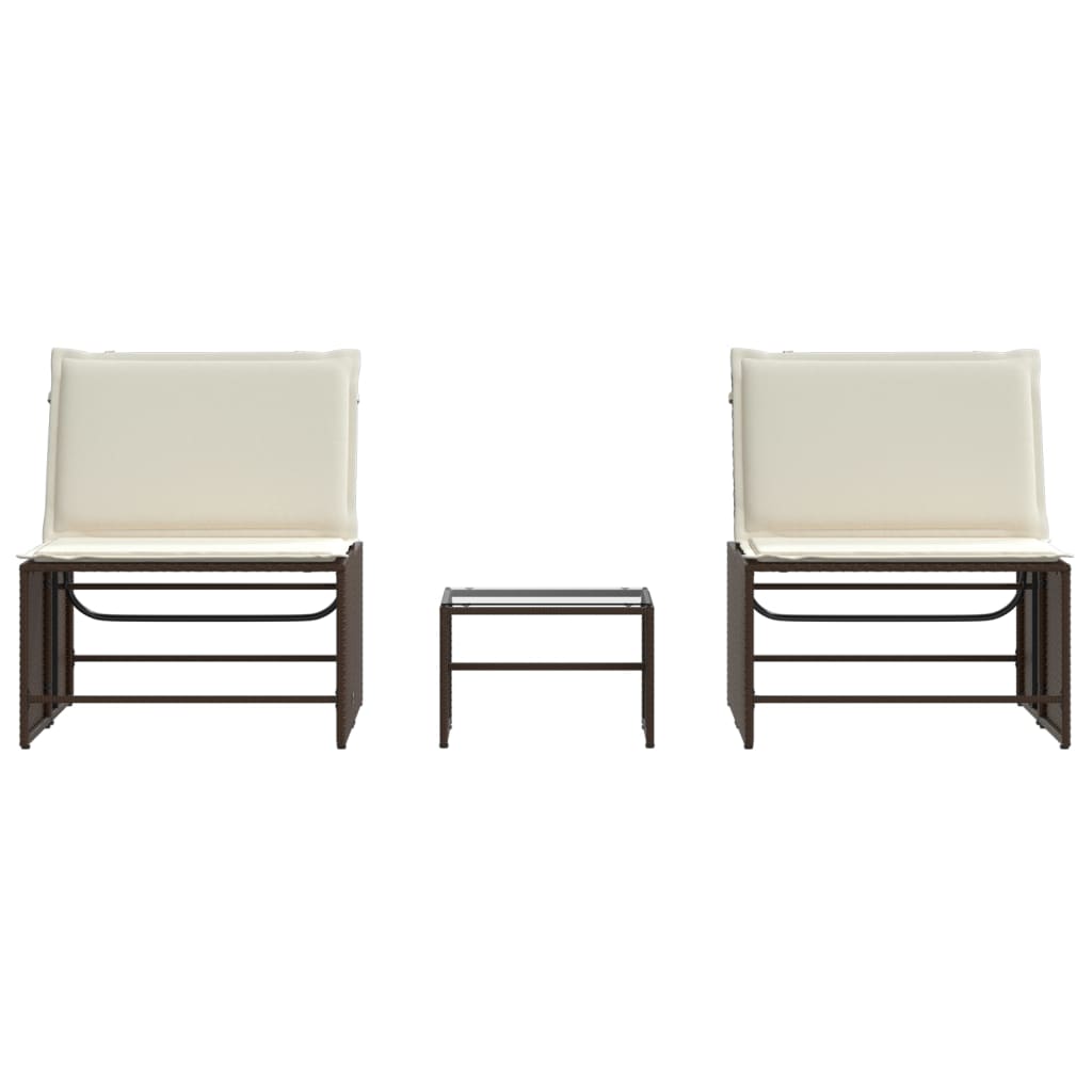 Chaises longues 2 pcs avec table en polyrotin marron