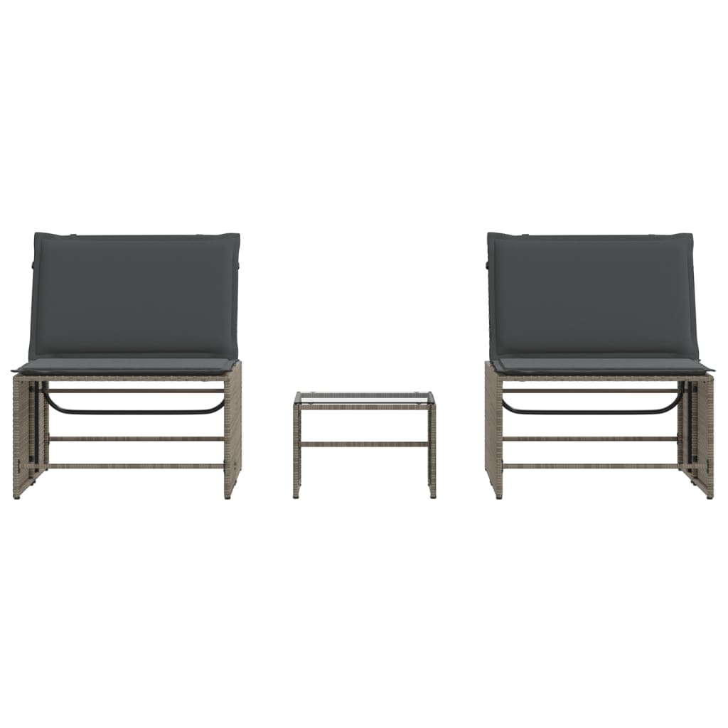 Chaises longues 2 pcs avec table en polyrotin gris