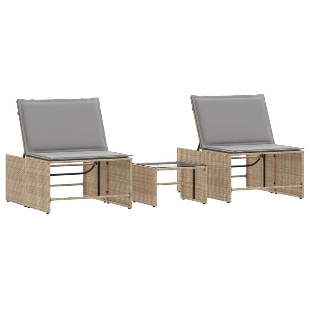 Chaises longues 2 pcs avec table en polyrotin beige