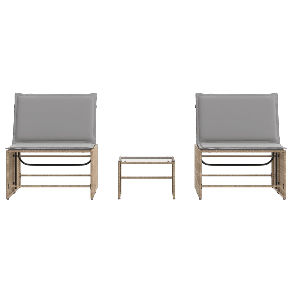 Chaises longues 2 pcs avec table en polyrotin beige