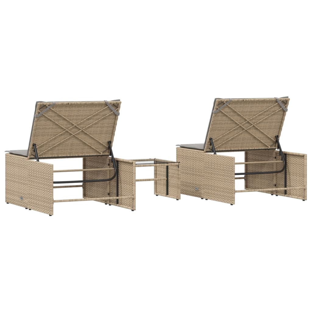 Chaises longues 2 pcs avec table en polyrotin beige