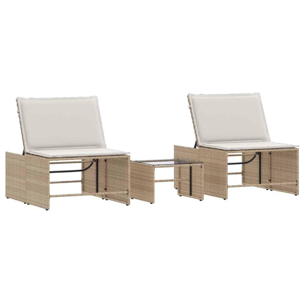 Chaises longues 2 pcs avec table en polyrotin beige